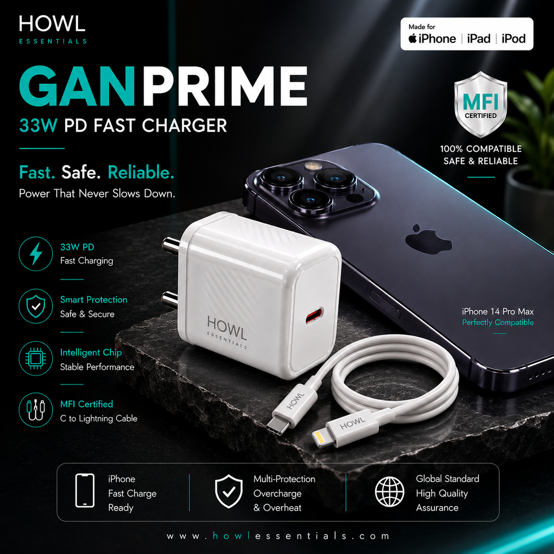HOWL 33W GaN PD Fast Charger with Type-C to Lightning MFi Cable (HW-17)