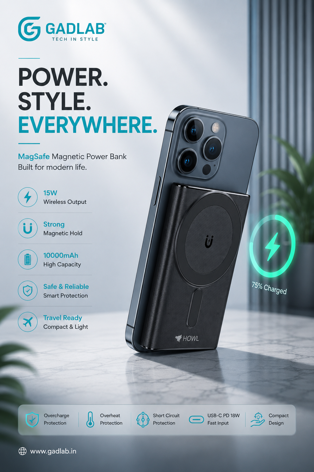 HOWL MagSafe Magnetic Wireless Power Bank 10000mAh | 15W Fast Wireless Charging | USB-C PD 20W