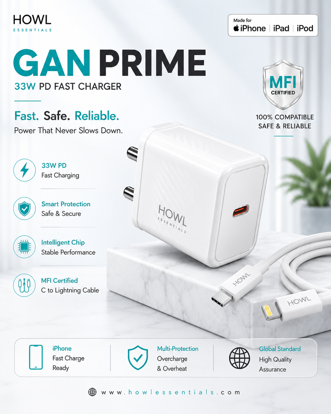 HOWL 33W GaN PD Fast Charger with Type-C to Lightning MFi Cable (HW-17)