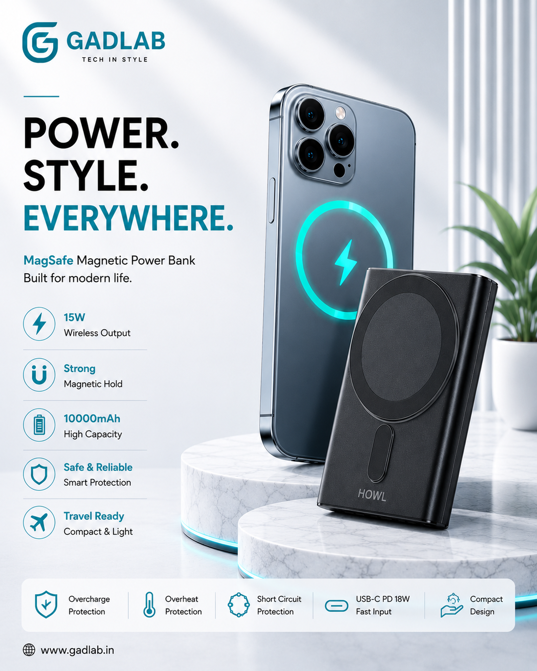 HOWL MagSafe Magnetic Wireless Power Bank 10000mAh | 15W Fast Wireless Charging | USB-C PD 20W