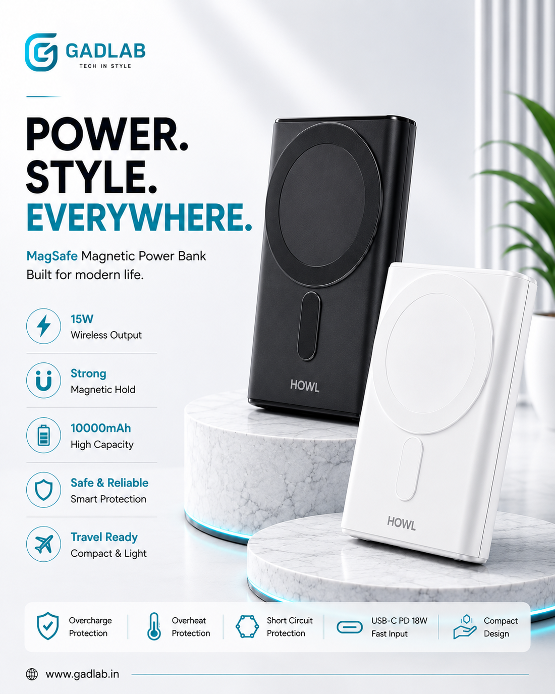 HOWL MagSafe Magnetic Wireless Power Bank 10000mAh | 15W Fast Wireless Charging | USB-C PD 20W