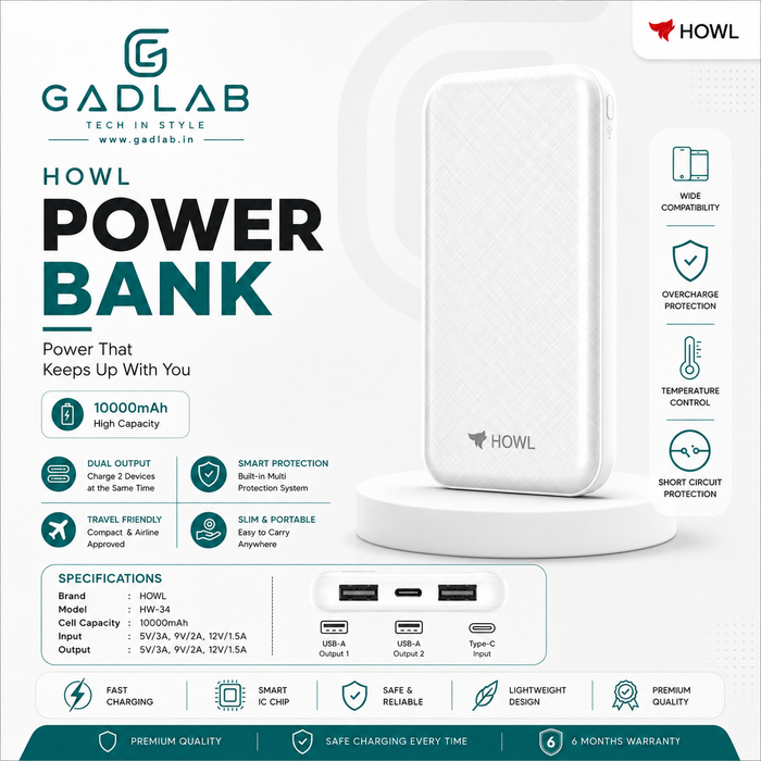HOWL 10000mAh Fast Charging Power Bank (Model: HW-34) – Dual USB Output