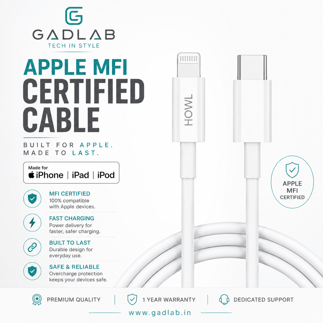 HOWL 30W USB-C to Lightning Fast Charging Cable – Apple MFi Certified | 1 Meter