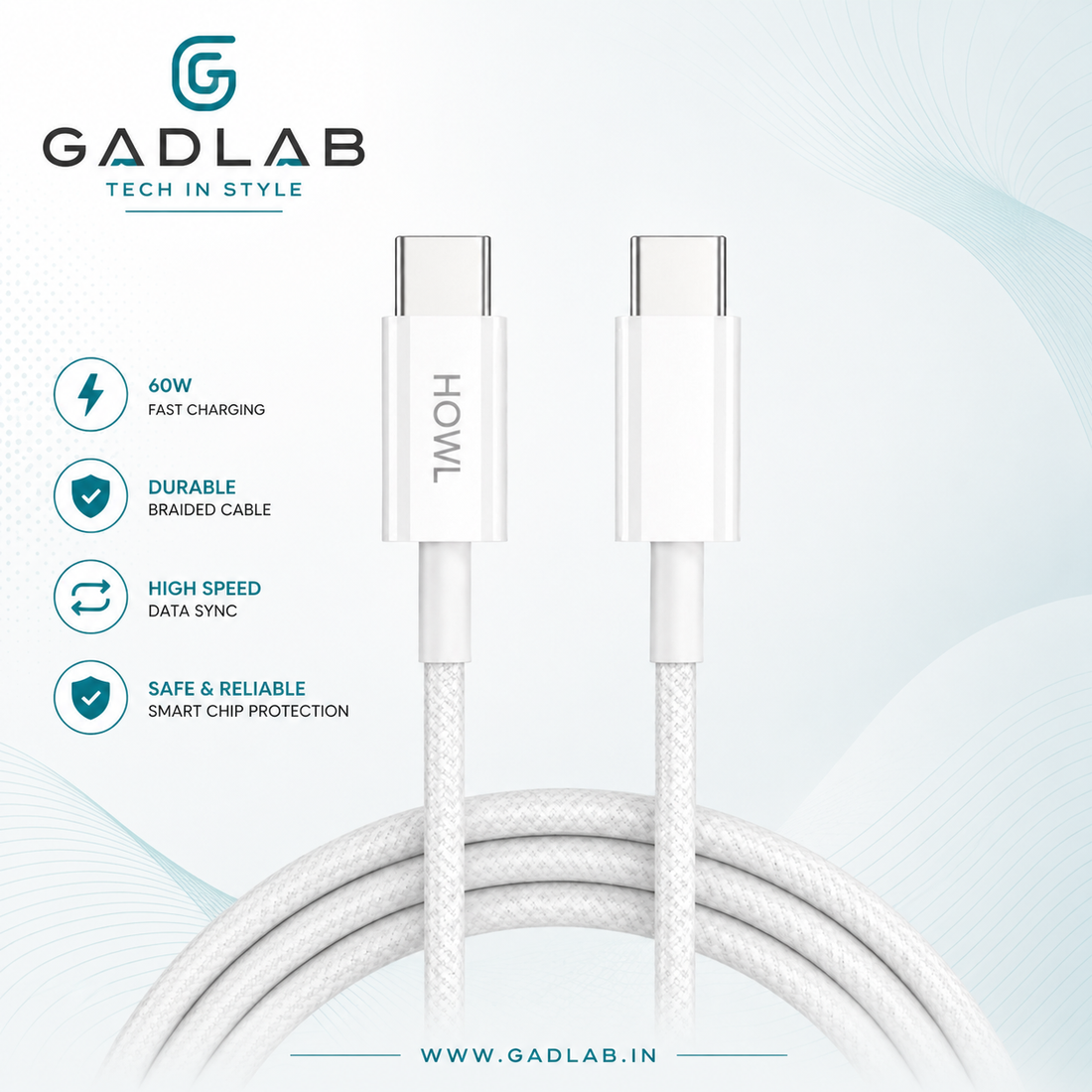 HOWL 60W USB-C to USB-C Fast Charging Cable | Braided | 1 Meter | PD Fast Charge