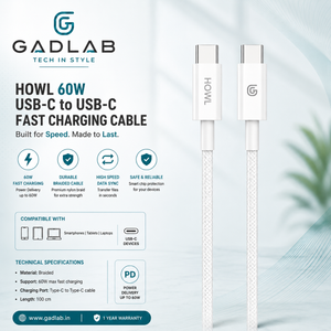 HOWL 60W USB-C to USB-C Fast Charging Cable | Braided | 1 Meter | PD Fast Charge