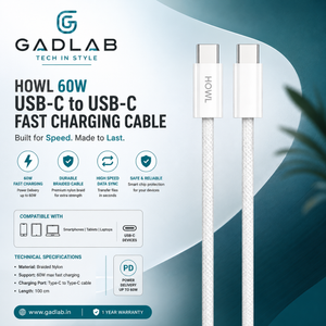 HOWL 60W USB-C to USB-C Fast Charging Cable | Braided | 1 Meter | PD Fast Charge