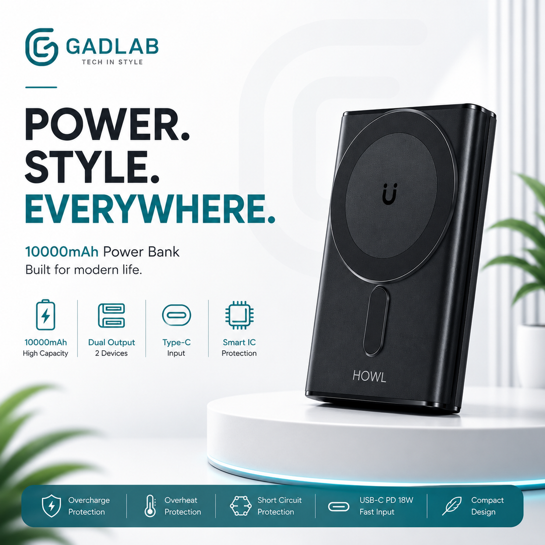 HOWL MagSafe Magnetic Wireless Power Bank 10000mAh | 15W Fast Wireless Charging | USB-C PD 20W