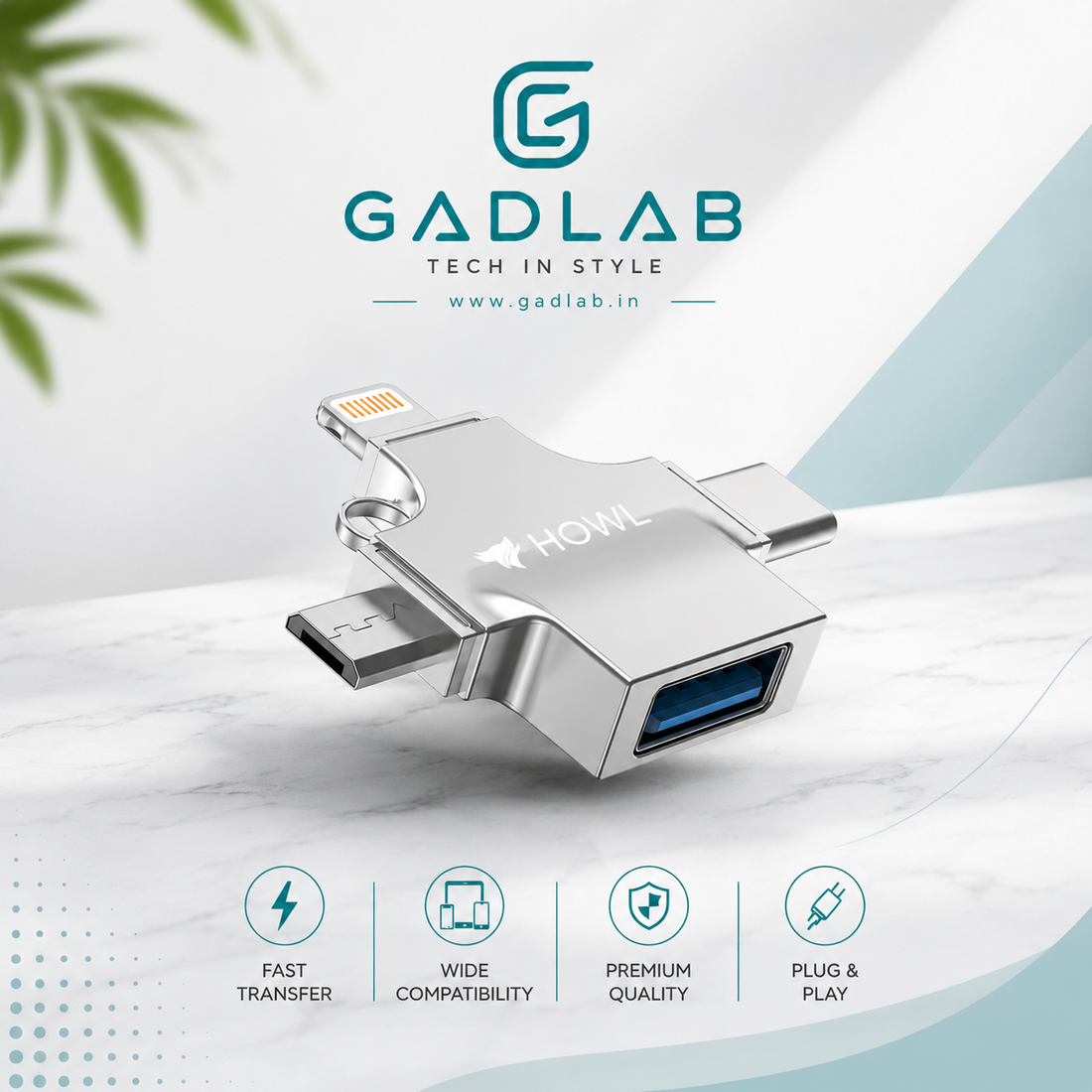 HOWL 3-in-1 OTG Multi Connector – Lightning, Type-C & Micro USB to USB