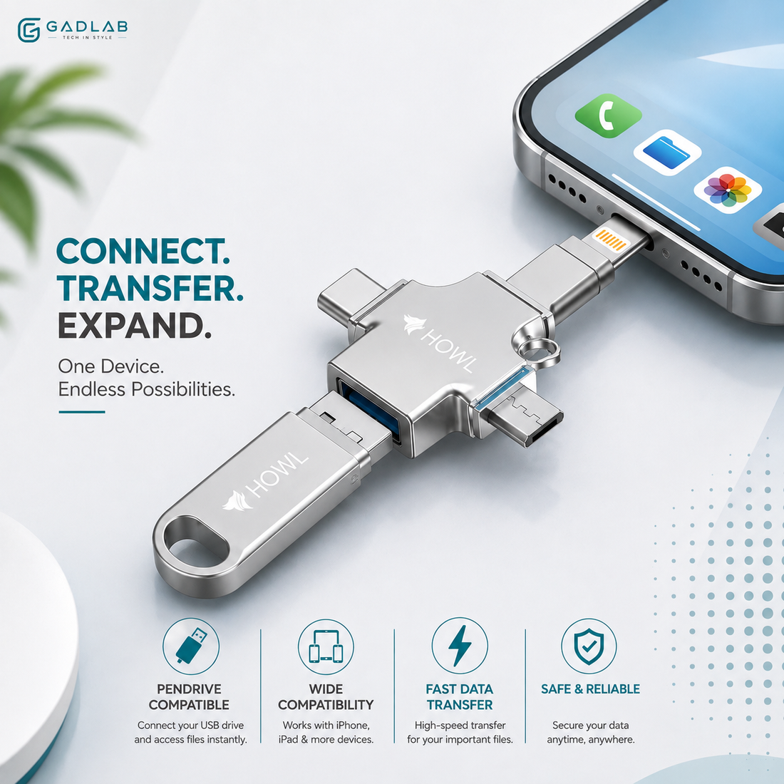 HOWL 3-in-1 OTG Multi Connector – Lightning, Type-C & Micro USB to USB