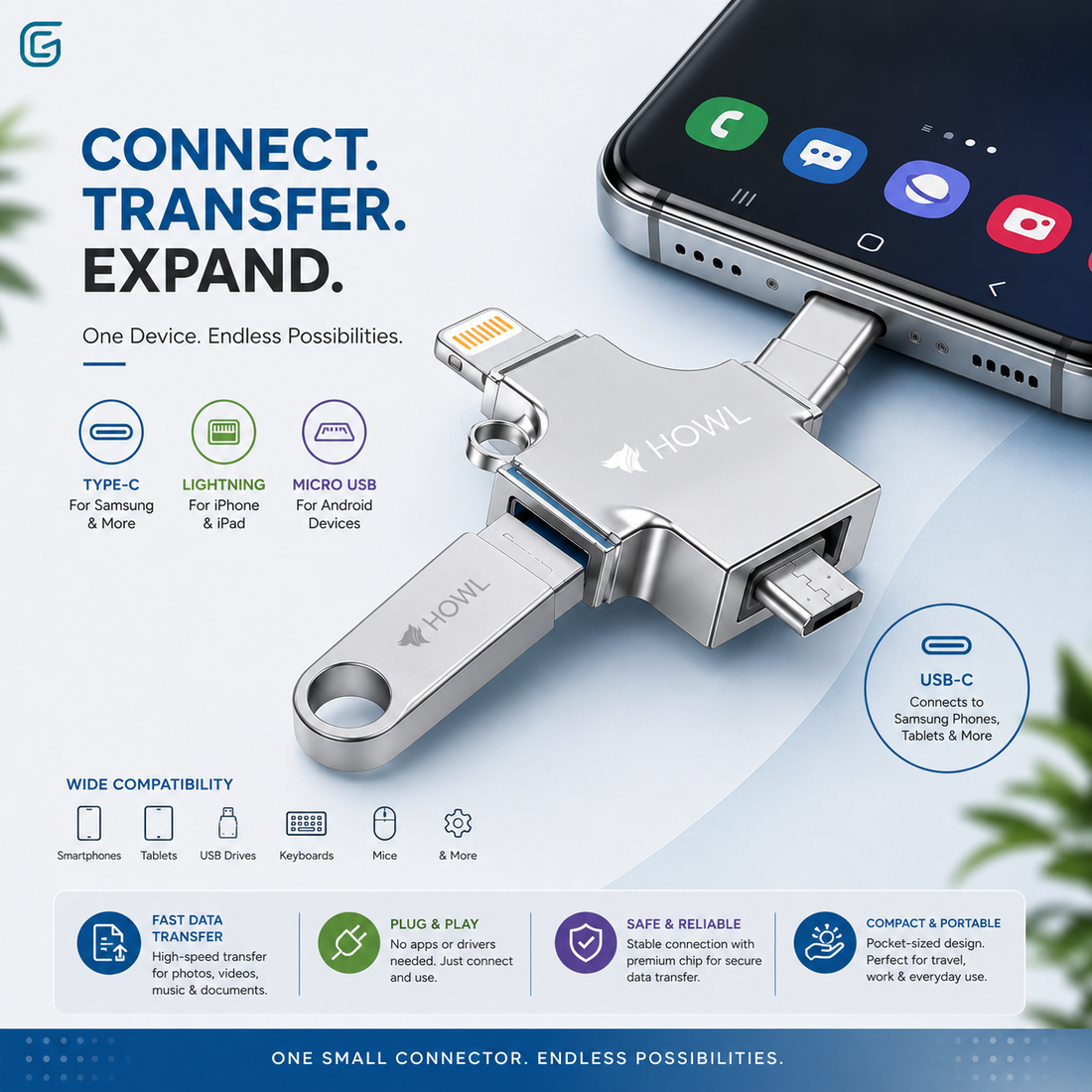 HOWL 3-in-1 OTG Multi Connector – Lightning, Type-C & Micro USB to USB