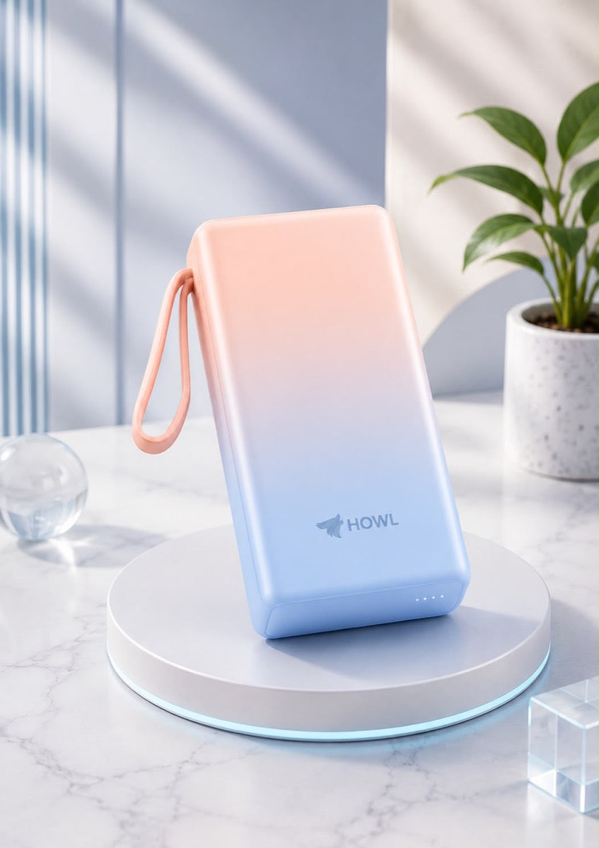 HOWL power bank standing upright showing the peach-to-blue gradient and silicone loop