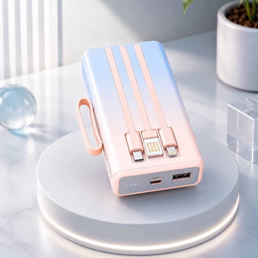 HOWL 3-in-1 power bank with built-in USB-C, Lightning and USB cables deployed