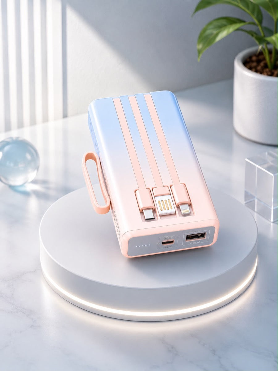 HOWL power bank on a lit podium with Input and Output ports visible