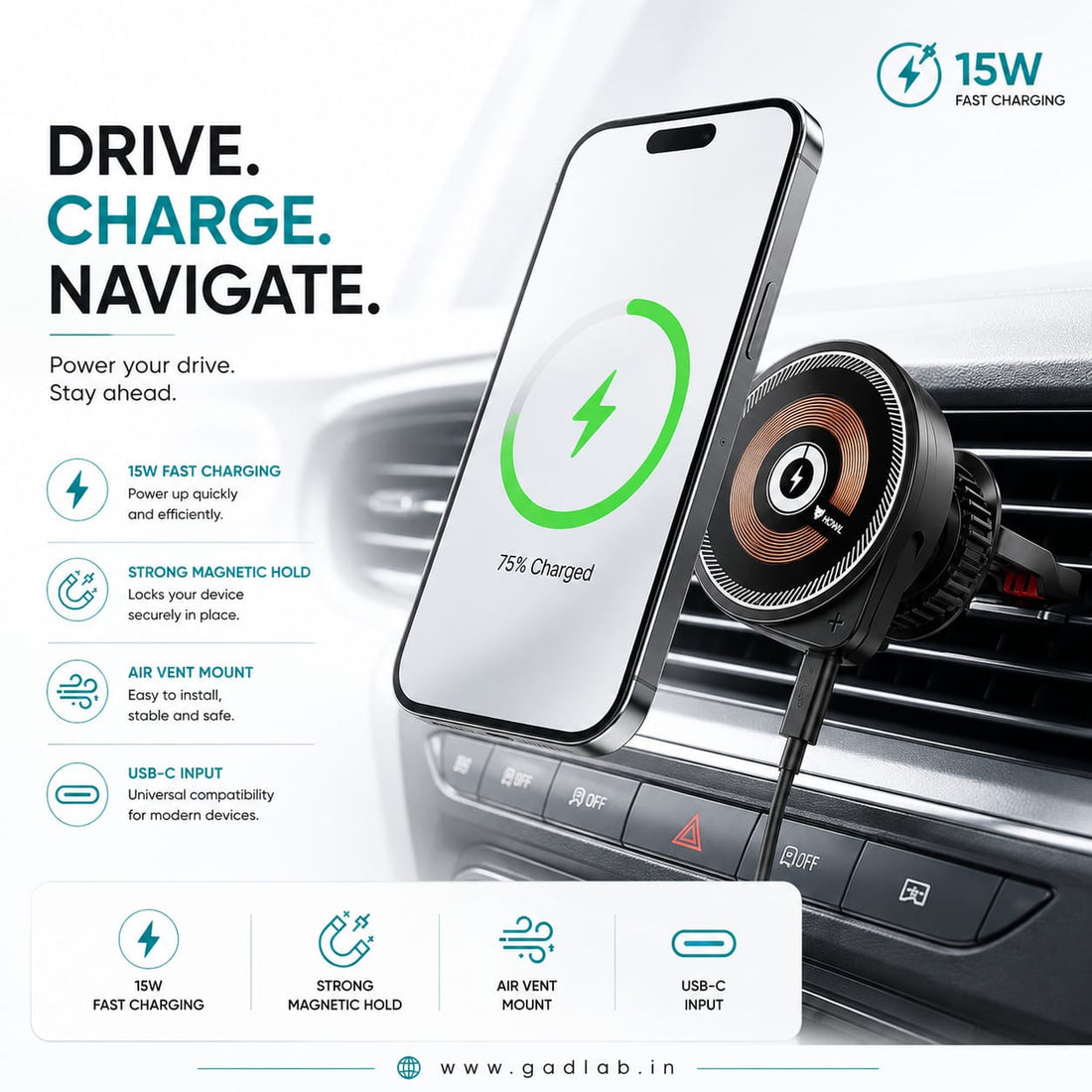 HOWL 15W Magnetic Wireless Car Charger | Air Vent Mount | Model HW