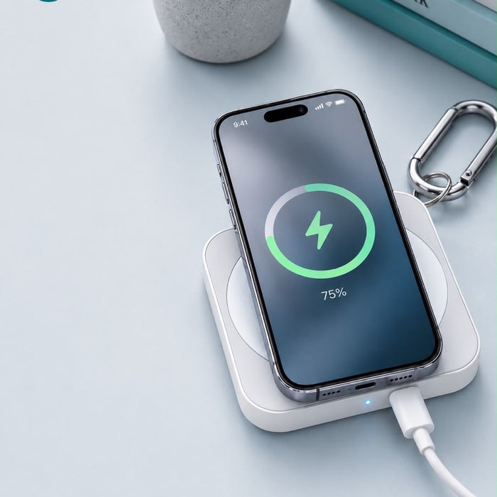 GADLAB 3-in-1 wireless charger charging an iPhone on the white pad